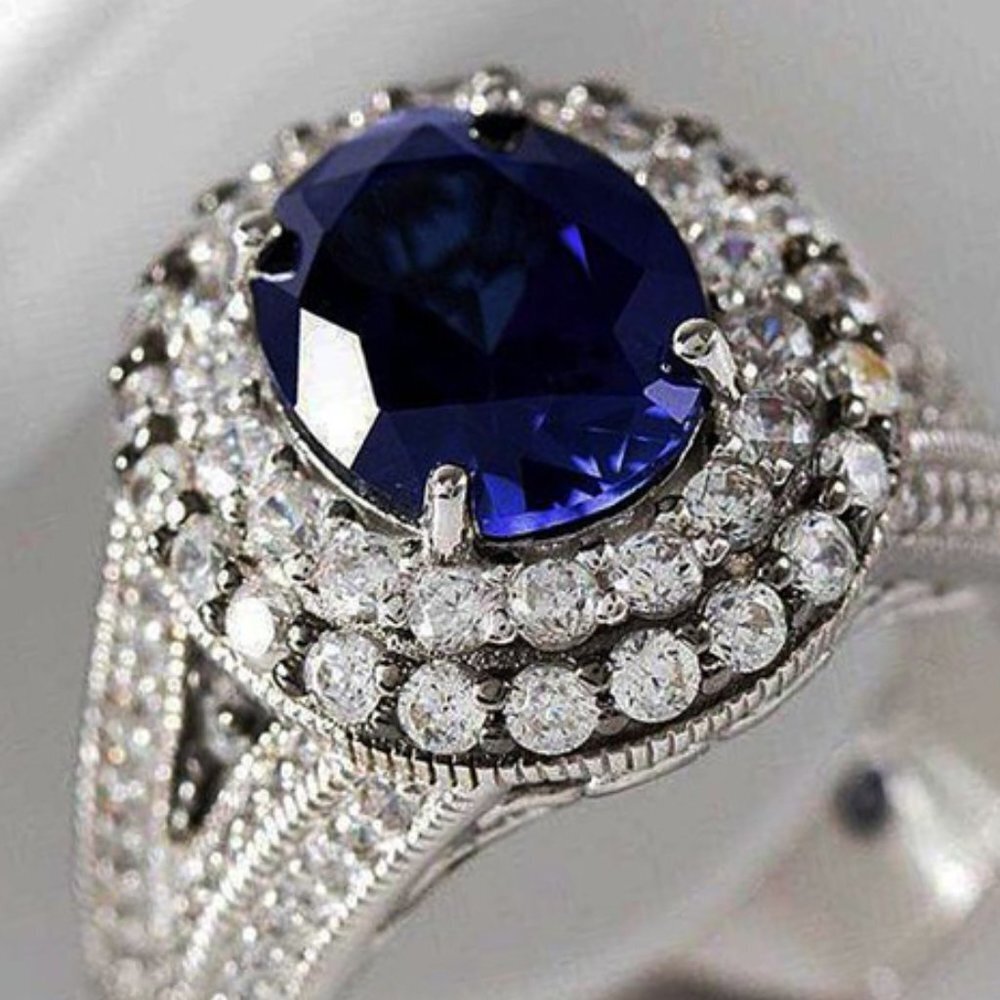 😍Silver Plated Royal Blue CZ Wedding/Engagement Ring for Women, K973 - Picture 3 of 5